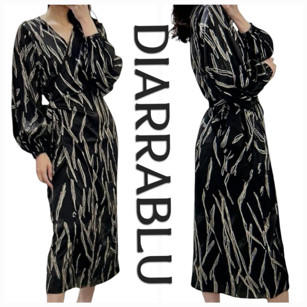 NWT Diarrablu Lala Wrap Midi Dress Size M [8-10] Scribble Noir Black Gold